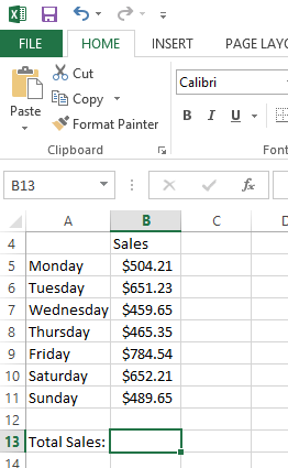 Snip of Excel Worksheet